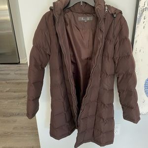 Kenneth Cole Reaction Puffer Jacket with hood. Brown. Size L. Front pockets.